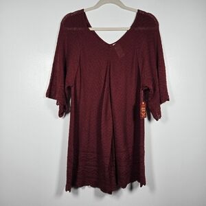 NEW Y2K Faded Glory Maroon V-Neck Crochet Open Knit Sweater Tunic Top Plus XXL